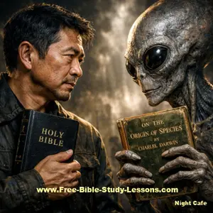 man with Bible facing alien with Origin of Species