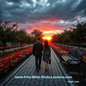 husband and wife walking down a path