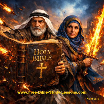 Middle Eastern couple holding the Bible and a flaming sword