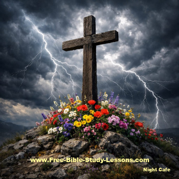 Cross with dark sky and flowers