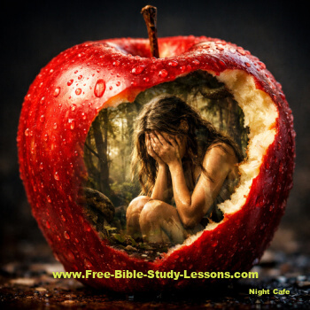 apple with bite out and Eve weeping