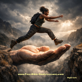 faith in God - woman jumping over ravine with hand of God underneath