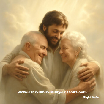 Jesus hugging elderly couple