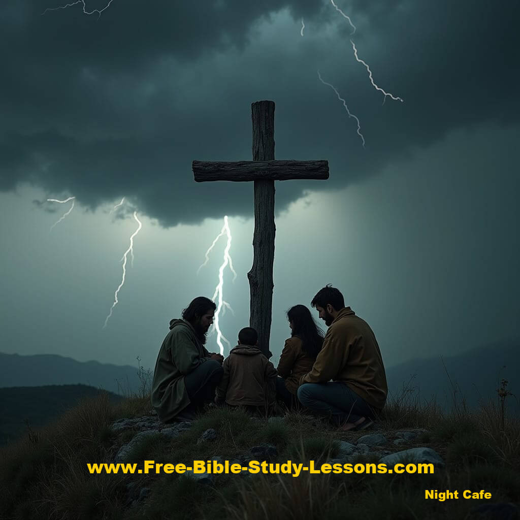 Family kneeling at cross