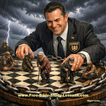 Government agents manpulates the poor on a chess board.