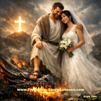 Jesus hugging His bride with His foot on the dragon