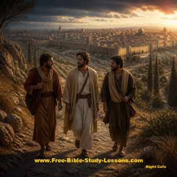 Jesus walking with two disciples