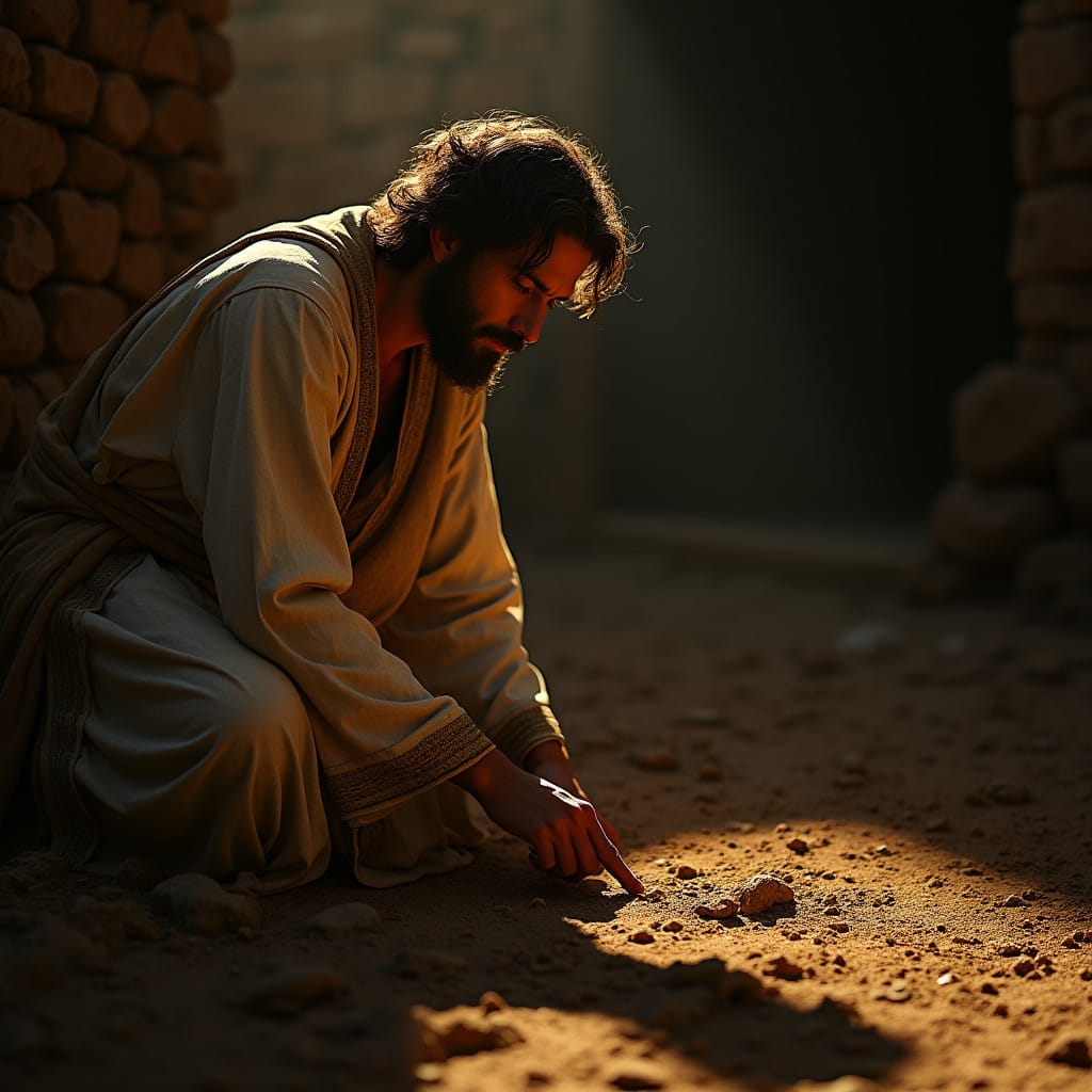 Jesus writing on ground about adultery