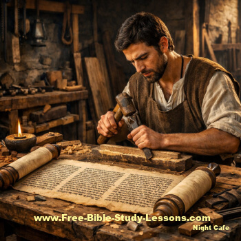 Jesus working in carpenter shop while reading scroll