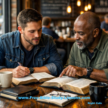 two men studying the Bible at a coffee shop