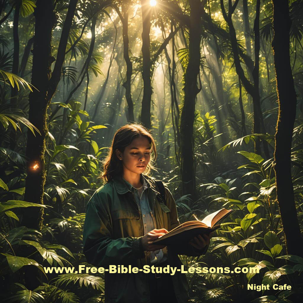 Woman reading Bible in jungle