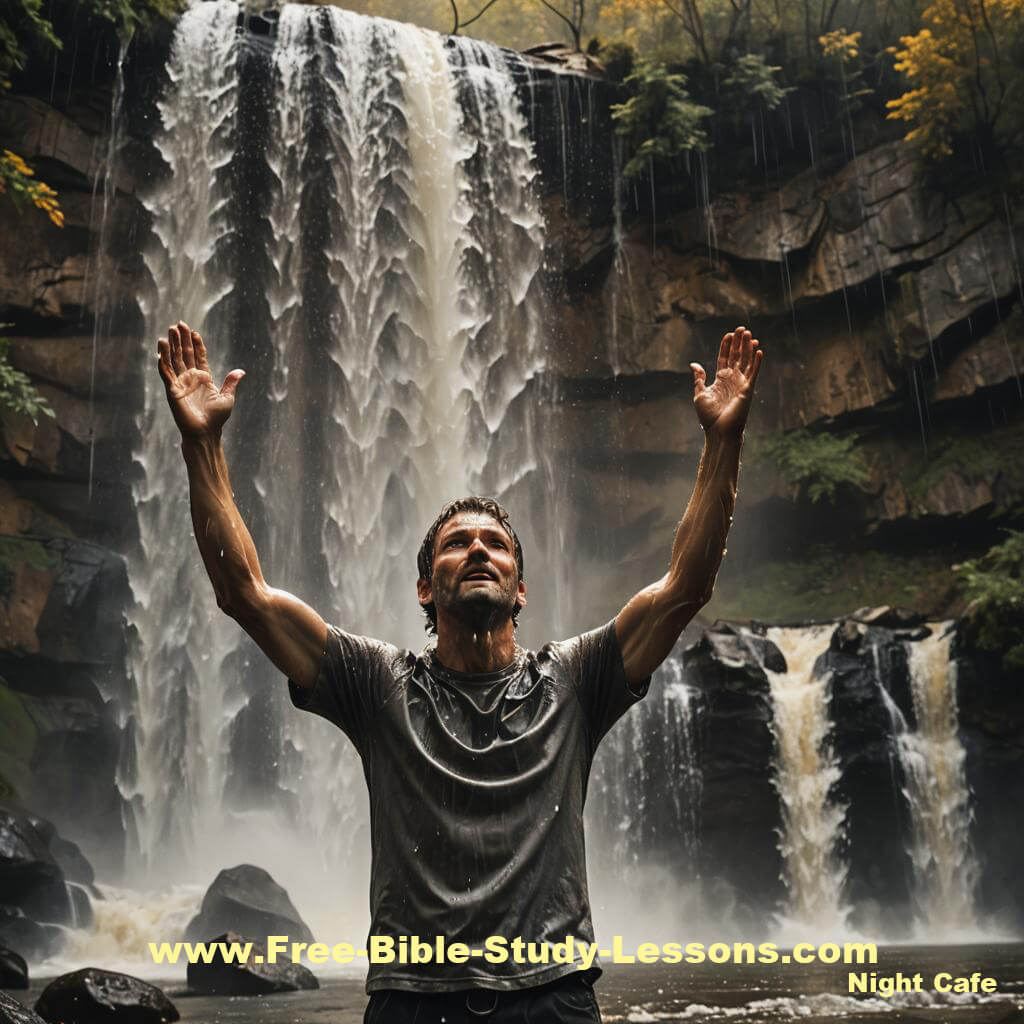 Man in waterfall praising God