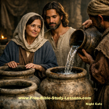 Mary and Jesus watch a servant pour water into wine jars