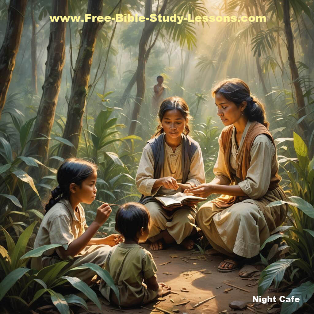 woman teaching children in jungle