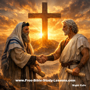 Jew and Greek shaking hands in front of the Cross