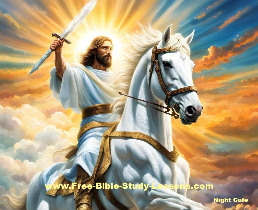 Jesus brings God's justice. Jesus with a sword on a white horse