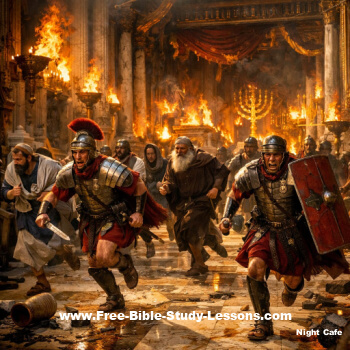 roman soldiers running through burning temple