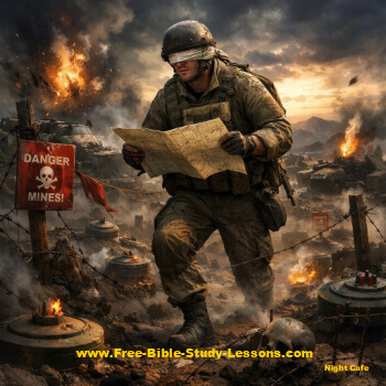 soldier walking blindflolded in minefield
