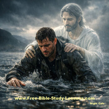 man walking through troubled waters with Jesus behind him
