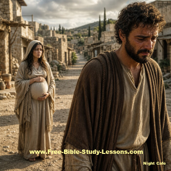 a tearful Joseph walking away from pregnant Mary
