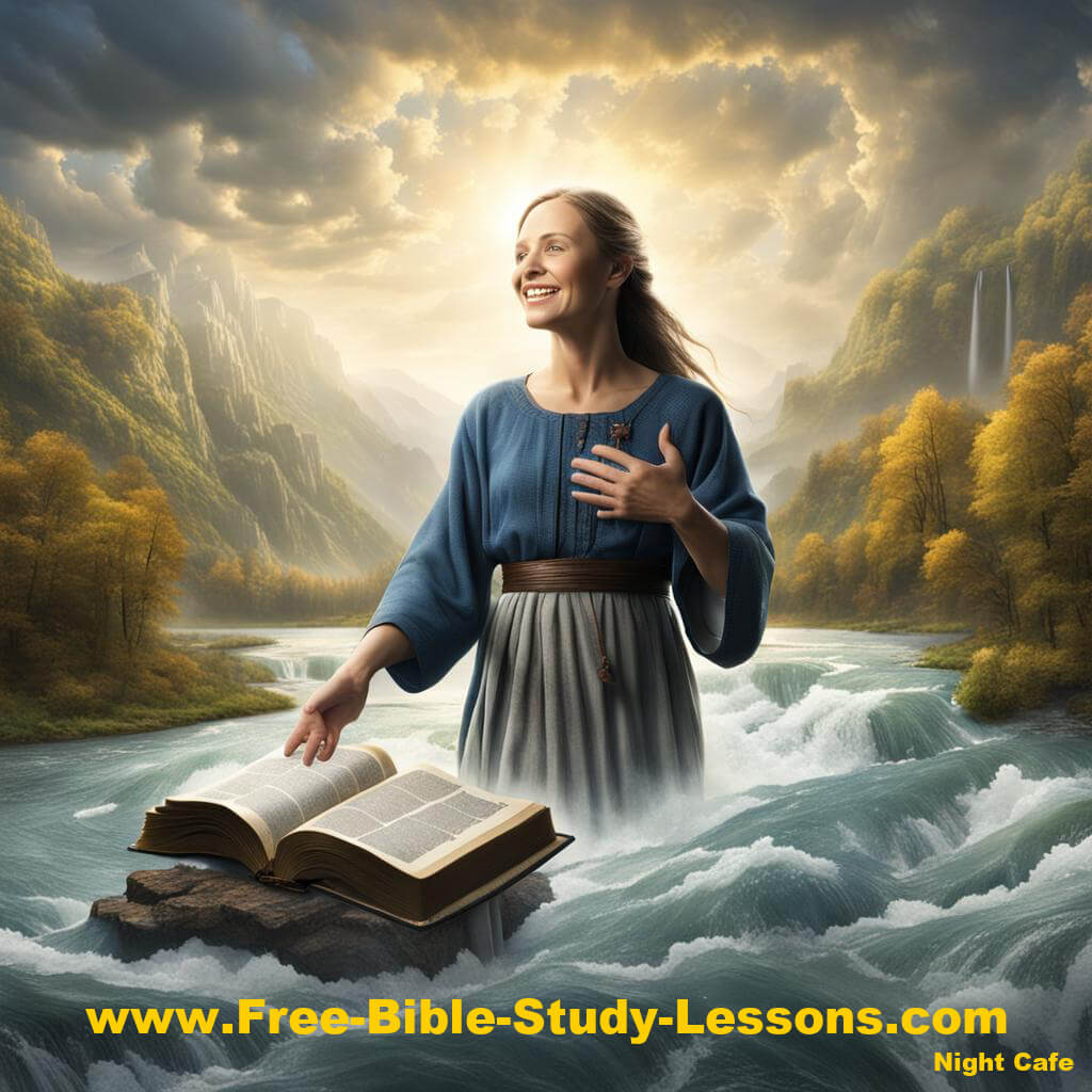 Woman standing in river reading Bible
