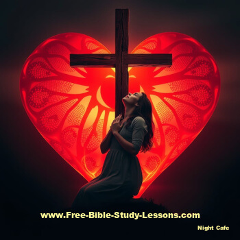 Women at the foot of the cross surrounded by red heart