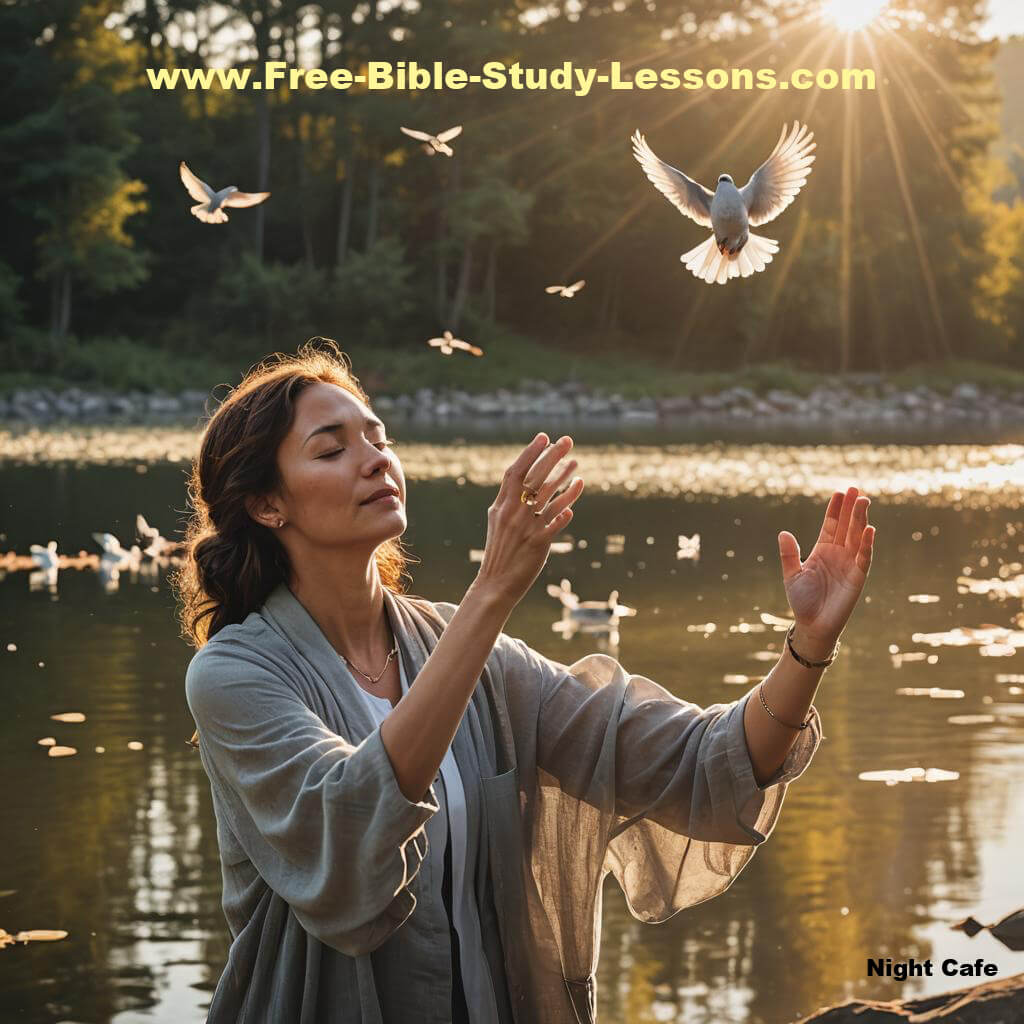 Woman in lake with dove
