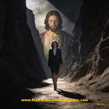 Woman walking through dark valley with Jesus watching