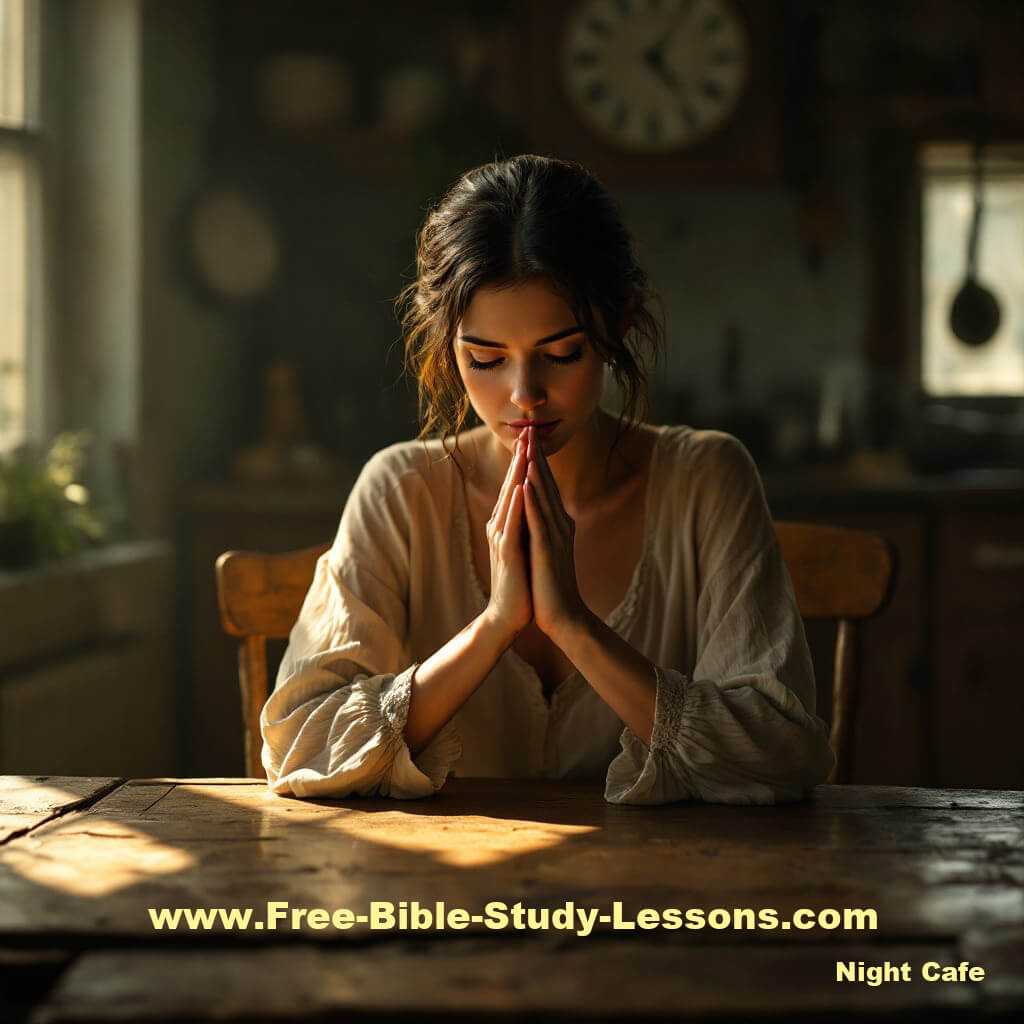 Woman praying in kitchen