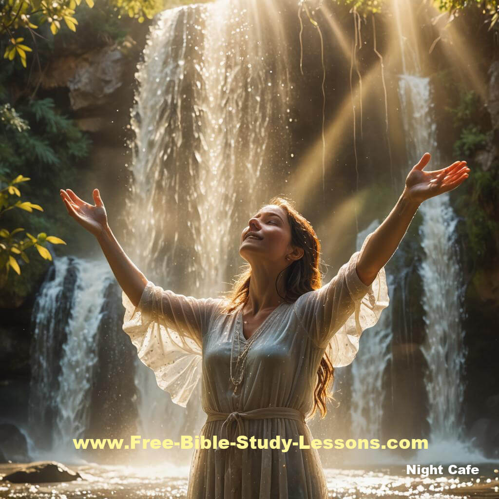 woman in waterfall praising