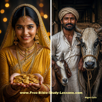 a woman holding gold coins and a man holding cattle