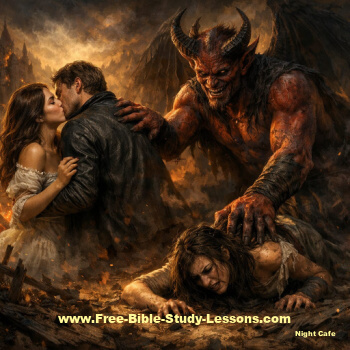 satan, man kissing woman, other woman on ground