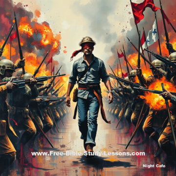 blindfolded man walking between armies