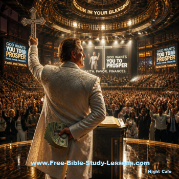 preacher with cross in one hand and money in the other