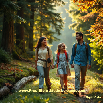 family walking in forest