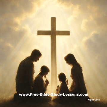 Family worshipping at foot of Cross