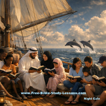families reading on boat deck