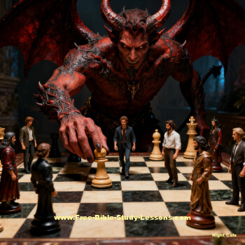 satan manipulating people on a chess board