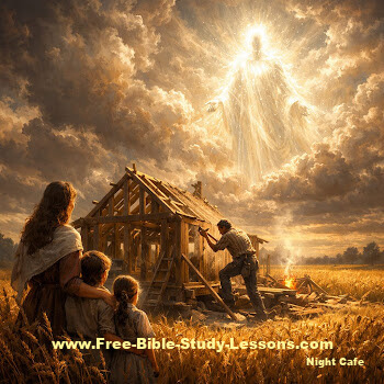 man working to build a house while God and his family watch