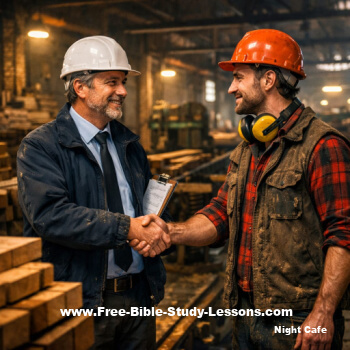 manager and employee shaking hands in a lumber mill