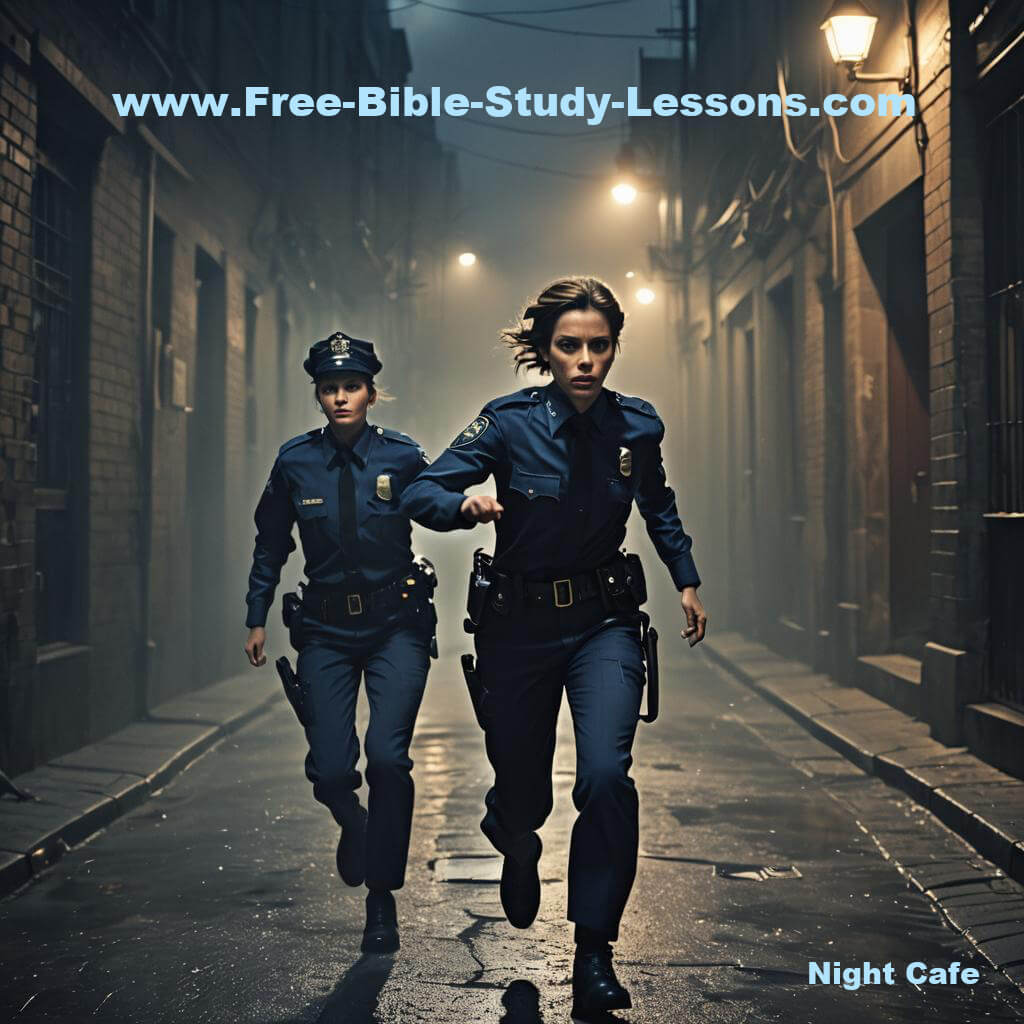 Policewomen running down alley