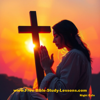 woman praying beside cross