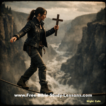 woman holding cross walking on tightrope