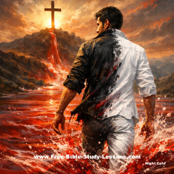 man walking through a river of blood