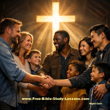 families shaking hands in front of cross