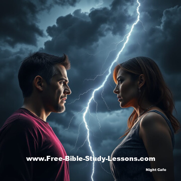 man and woman separated by lightning bolt