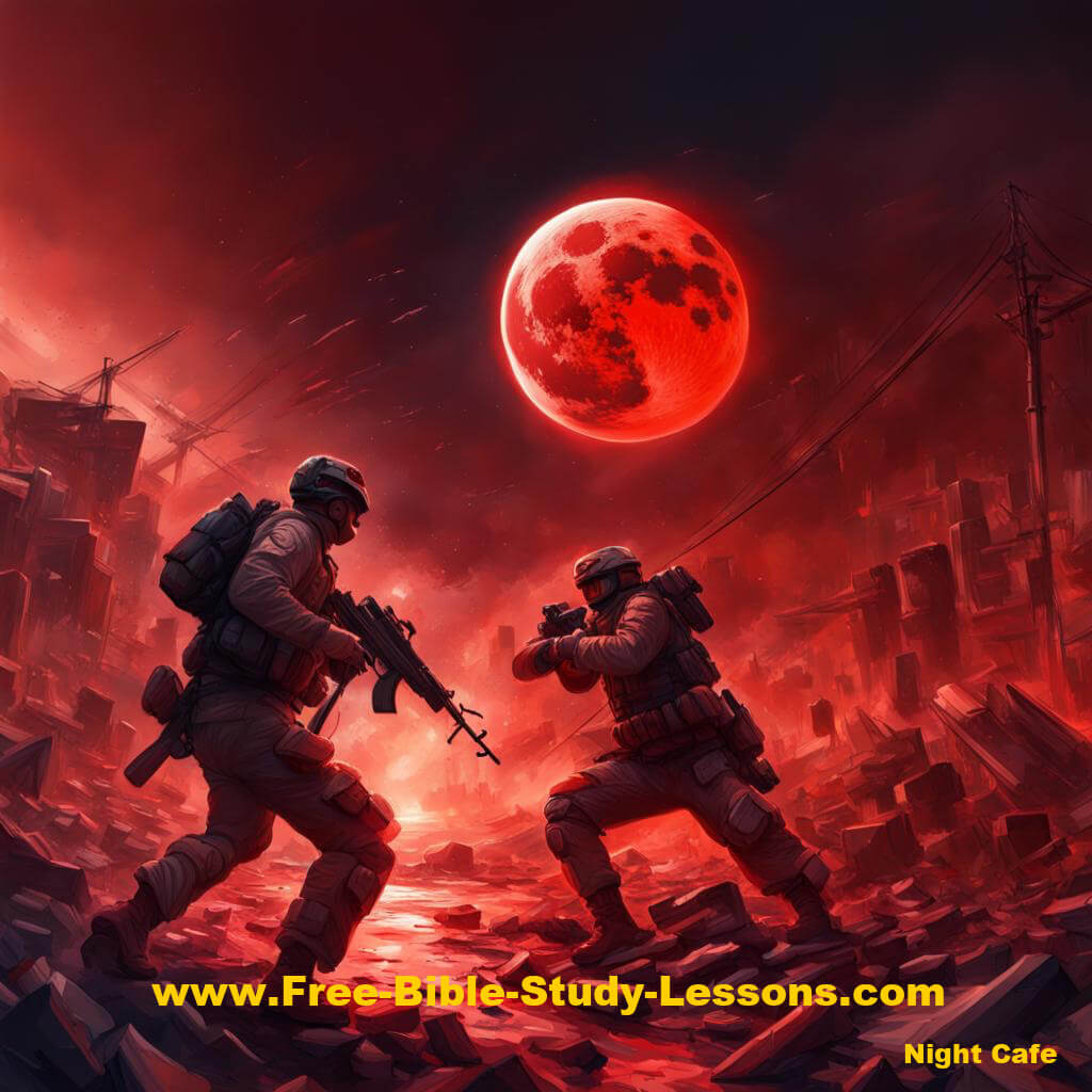 Soldiers fighting under a blood red moon