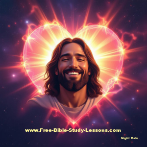 Smiling Jesus with a heart in the background