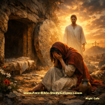 Mary Magdalene weeping at the tomb as Jesus stands behind her
