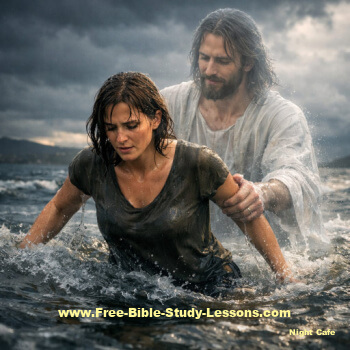 Woman struggling in water with Jesus behind her